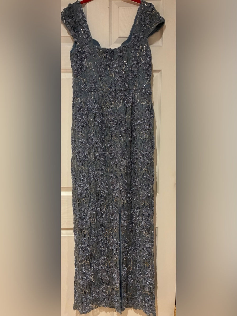 Oleg Cassini Dusty Blue Lace Beaded Maxi Gown - Picture 5 of 10